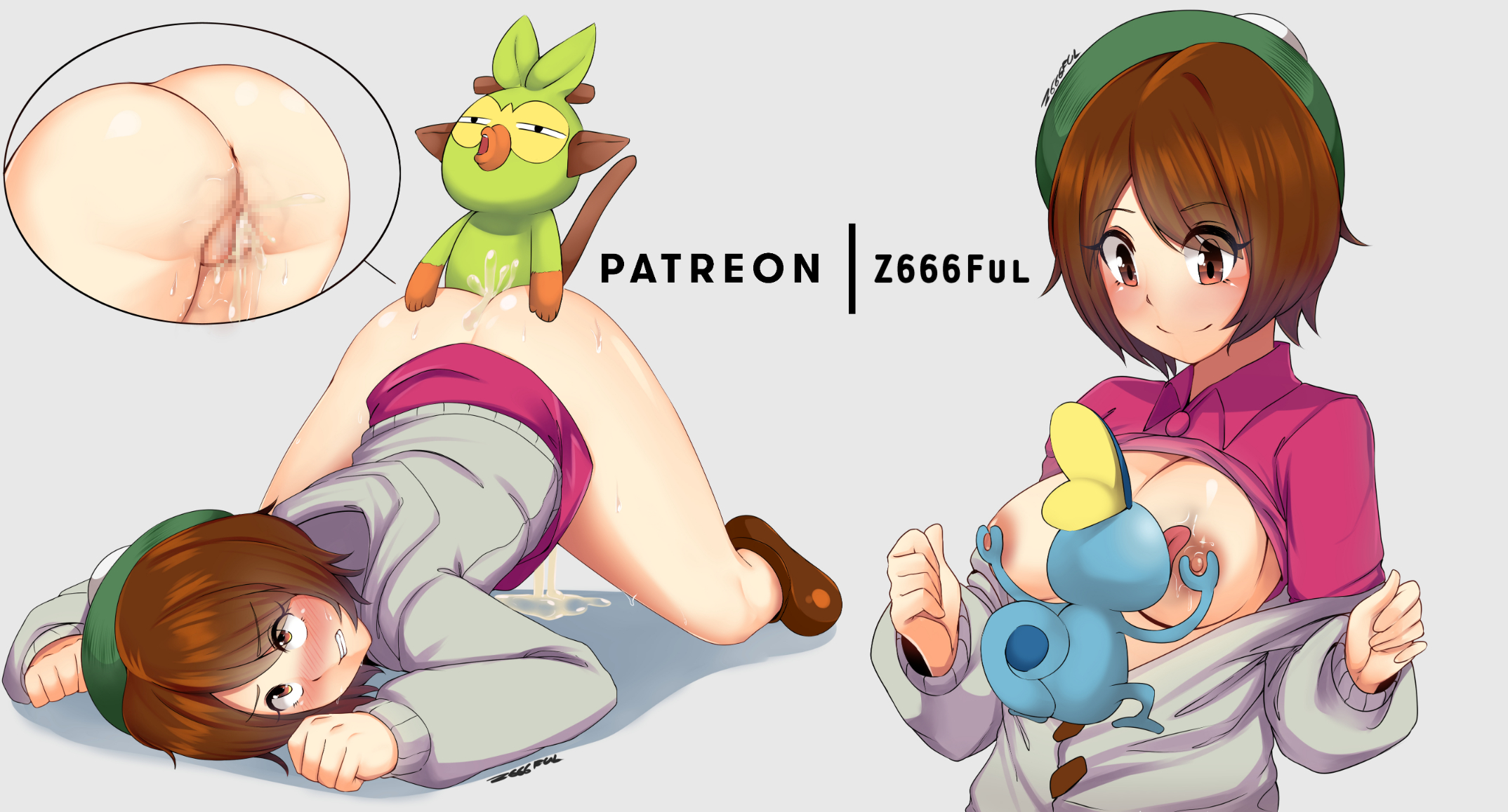 1boy, 1girls, after sex, ahe gao, ambiguous gender, anus, areolae, ass, ass up, big breasts, breast grab, breasts, censored, clothes, cum, cum in pussy, doggy style, female, feral, from behind, furry, gloria (pokemon), grookey, groping, hat, human, interspecies, larger female, male, nipples, pokemon, pokemon ss, pokephilia, pussy, scalie, sex, size difference, smaller male, sobble, straight, top-down bottom-up, z666ful