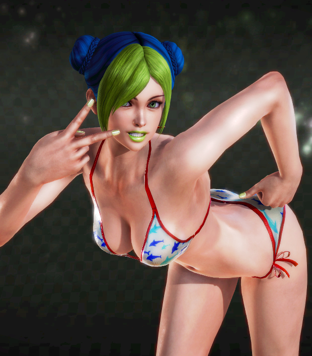 1girls 3d armpits bikini black_background blue_hair breasts cleavage clothing double_bun female female_only fully_clothed green_eyes green_hair green_lipstick hair_bun hairbun honey_select iggymaru jojo's_bizarre_adventure jolyne_kujo lips lipstick looking_at_viewer medium_breasts multicolored_hair navel partial_armpit short_hair smile smiling solo standing stone_ocean swimsuit toned toned_female v