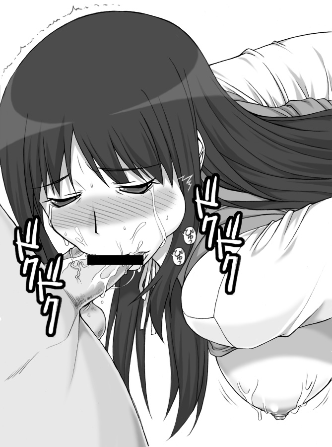 blush broken censored cheek_poke clothing cum cum_in_mouth deepthroat empty_eyes fellatio kurusugawa_ayaka monochrome oral penis shichimenchou tears to_heart to_heart_(series)