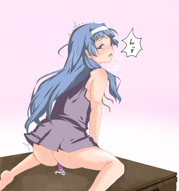 1girls ambiguous_penetration ass bangs blue_hair blunt_bangs blush bottomless breath caught caught_masturbating clothed clothed_masturbation clothing dildo dildo_sitting female female_focus female_masturbation female_only implied_penetration kannagi long_hair looking_at_viewer looking_back masturbating masturbation nagi on_knees partially_clothed pussy_juice pussy_juice_drip pussy_juice_puddle pussy_juice_trail riding skirt solo solo_focus steam sweat wet yukko_don