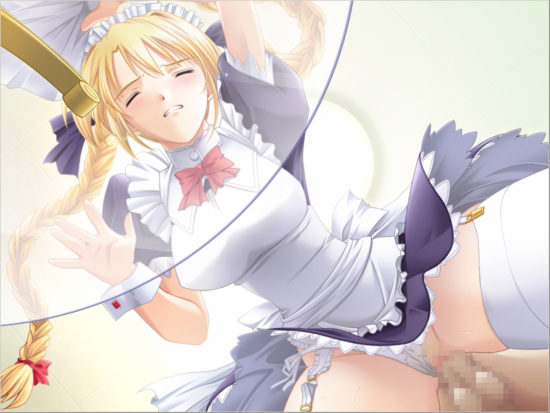 against_glass akehime_saki blonde_hair braid censored closed_eyes clothing doggy_style from_below game_cg glass glass_table green_eyes hand_on_glass kyouhaku_2 long_hair maid panties panties_aside pubic_hair ribahara_aki sex table thighhighs tied_hair twin_braids twintails underwear vaginal_penetration white_legwear white_panties white_thighhighs