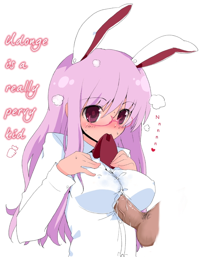 animal_ears blush breasts bunny_ear cum cum_stain cum_under_clothes cumming eyewear female glasses hard_translated itou_life long_hair male mouth_hold paizuri paizuri_under_clothes penis penis_under_clothes purple_hair reisen_udongein_inaba straight touhou translated