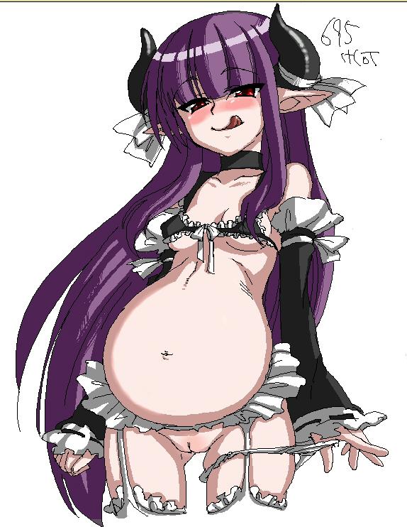 :q artist_request bra demon_girl gallico garter_belt gyakushuu_3 horns oekaki original panties panties_around_one_leg pointy_ears pregnant stockings tongue underwear