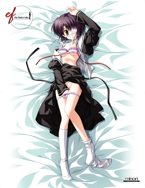 bra ef eye_patch footwear hand_in_panties legs lingerie masturbation nanao_naru open_clothes open_shirt panties purple_hair ribbon ribbons school_uniform serafuku shindou_chihiro shirt short_hair skirt skirt_lift socks solo underwear yellow_eyes