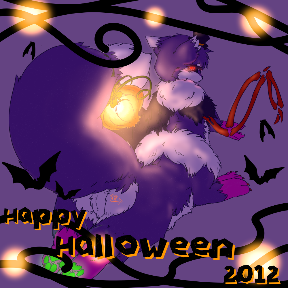 2012 ass bats black_eyes blush bone canine claws countershading ear_up female fox glowing glowing_eyes green_pawpads halloween hindpaw huge_tail hybrid ingi labia lantern lights lying open_hand paw_pad paws plain_background purple_background purple_fur purple_nails pussy raised_tail red_eyes signature skeleton sole solo text two_tone_fur vines wings wolf