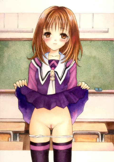 brown_eyes brown_hair chalkboard classroom_eraser i"s kotomix panties panties_down panty_pull pointy_chin pussy school_uniform serafuku skirt skirt_lift thighhighs uncensored underwear yoshizuki_iori