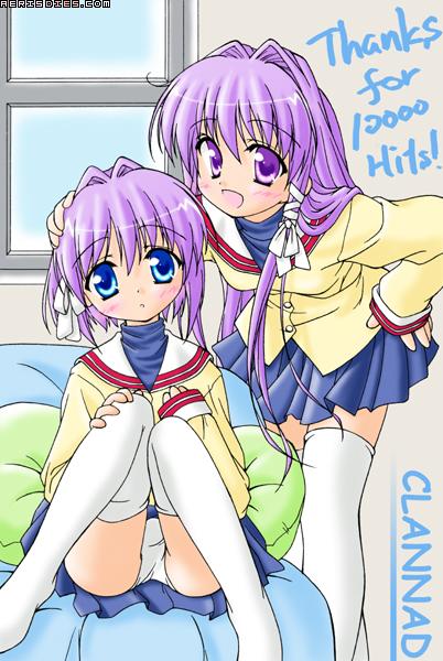 bow clannad clothing kyou_fujibayashi panties ryou_fujibayashi sisters skirt stockings straight_hair tagme twins