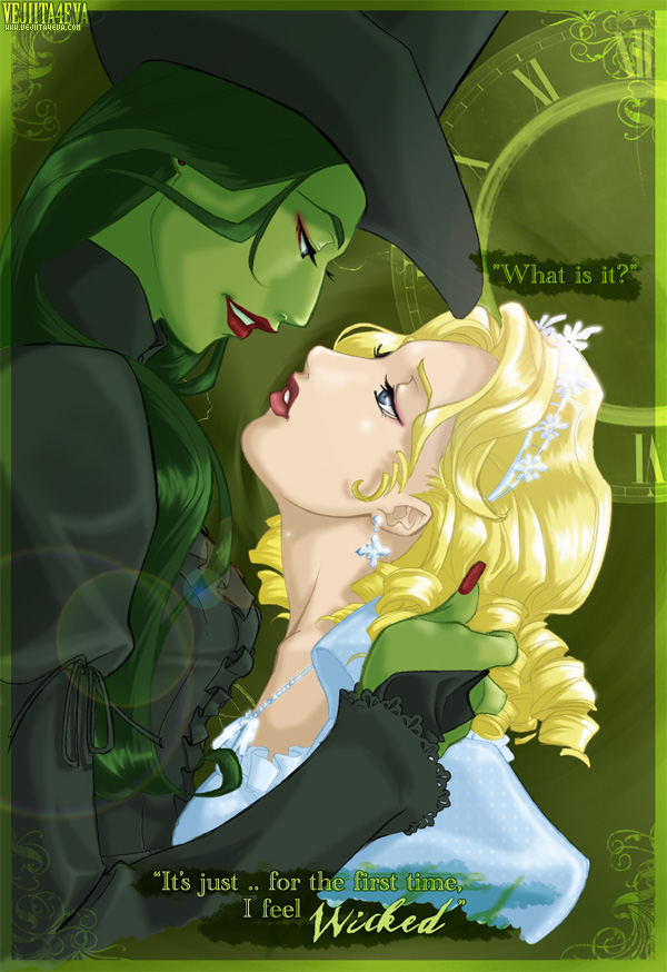 2girls blonde_hair blue_eyes elphaba female glinda good_witch_of_the_north green_hair green_skin long_hair monster monster_girl nightmare_waifu public_domain the_wizard_of_oz wicked wicked_witch_of_the_west yuri