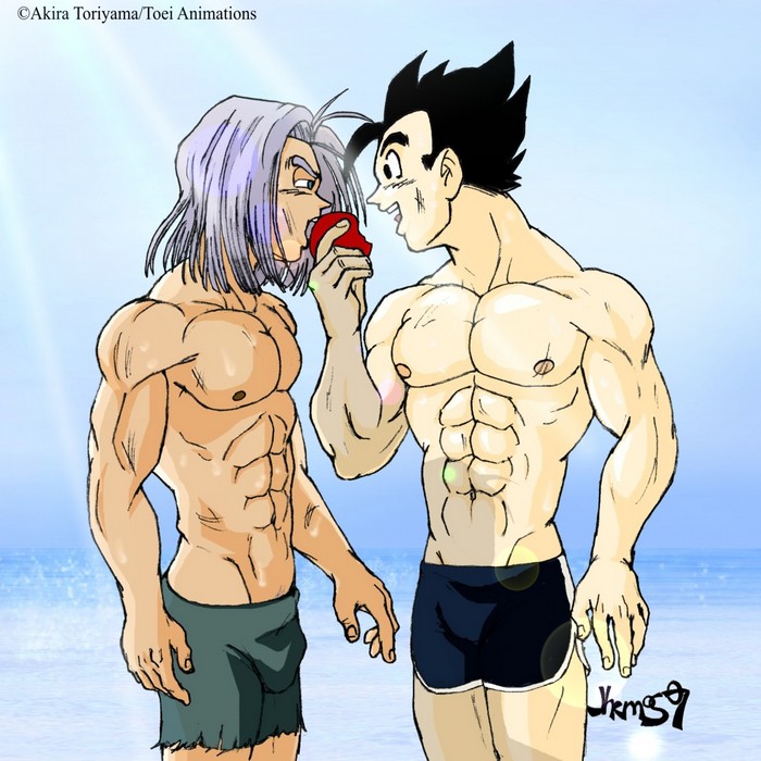 2007 2boys abs apple black_hair bulge clothes color dragon_ball dragon_ball_z hair jhemos male male_only multiple_males muscles purple_hair son_gohan standing straight_hair topless trunks_briefs