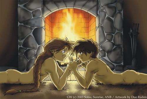 2003 2boys ass braid brown_hair closed_mouth completely_nude completely_nude_male couple dark_brown_hair duo duo_maxwell duo_radon eye_contact eyebrows_visible_through_hair fire fireplace gundam gundam_wing heero_yui holding holding_hands indoors long_hair looking_at_another love lying male male/male male_only multiple_boys multiple_males nude nude_male on_floor on_stomach romantic romantic_couple short_hair smile yaoi