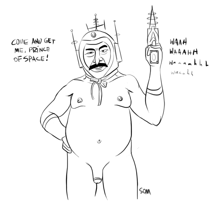 1boy chubby cowboy_shot english_text erect_nipples evil_face evil_laugh facing_viewer fat_man gloves greyscale hand_on_hip holding_weapon looking_at_viewer male_only monochrome moobs mst3k mustache mystery_science_theater_3000 naked no_pubic_hair penis ray_gun retracted_foreskin simple_background small_penis solo som space_helmet standing uncensored white_background