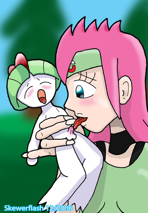 clothes color day female human interspecies licking male outdoors penis pokemon pokephilia ralts size_difference skewerflash straight tagme