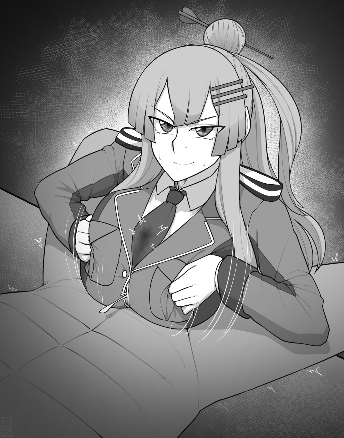1boy, 1girls, big breasts, black and white, breasts, cum, cum between breasts, cum on body, cum on breasts, cum on upper body, ejaculation between breasts, ekz, female, formal, frolaytia capistrano, hair bun, hair pin, heavy object, highres, huge breasts, large breasts, male, military, monochrome, paizuri, paizuri under clothes, smug, suit, sweat, tie, titjob, uniform