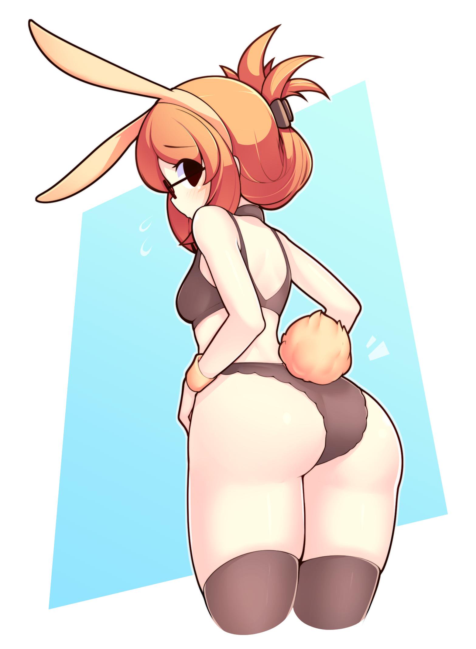ass, back view, bra, brown hair, collar, fake animal ears, fake tail, female, fizintine, glasses, lingerie, looking back, luna (fizintine), original, panties, rabbit ears, rabbit tail, stockings