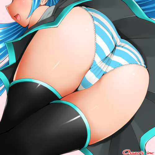 1girl, aqua hair, ass, ass focus, black thighhighs, blue hair, blue panties, close-up, cyan hair, excited, female, hatsune miku, human, legs, long hair, open mouth, panties, pantyshot, skirt, solo, striped, striped panties, thighhighs, underwear, upskirt, vocaloid