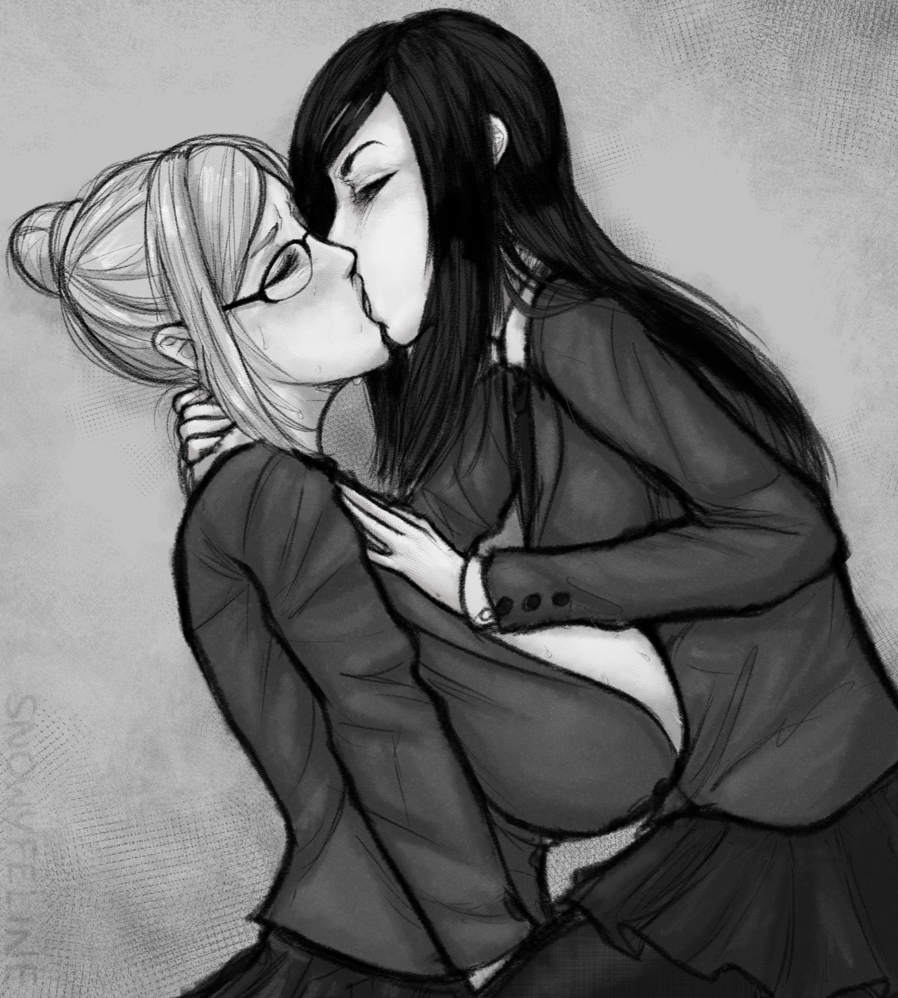 2girls, big breasts, breasts, cleavage, female, female only, kissing, kurihara mari (prison school), large breasts, monochrome, prison school, shiraki meiko, snowyfeline, yuri
