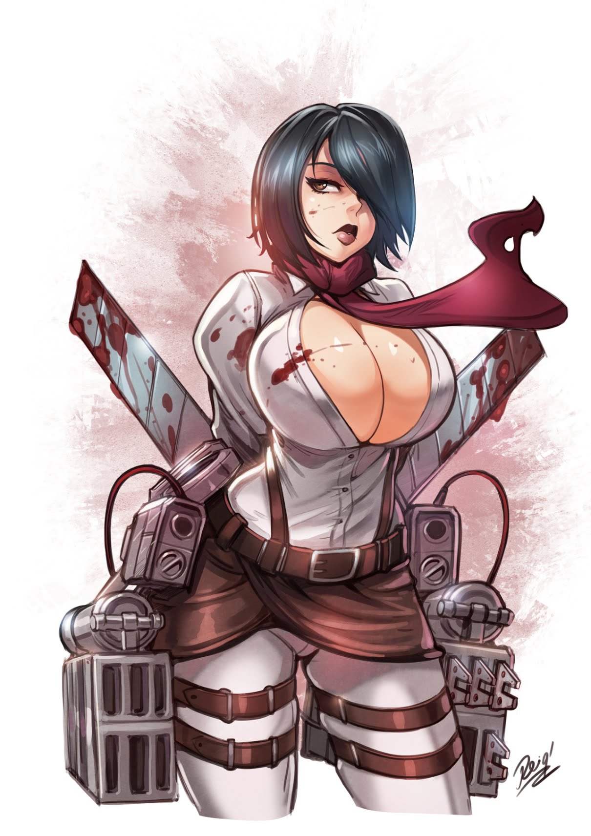 1girls, 3d maneuver gear, asian, asian female, attack on titan, big breasts, black hair, blood, breasts, brown eyes, bursting breasts, clothed, clothed female, clothed sex, clothing, female, female only, female soldier, fully clothed, hair over one eye, huge breasts, large breasts, long hair, mikasa ackerman, naughty face, paradis military uniform, reiq, revealing clothes, seductive, shingeki no kyojin, short hair, short-haired female, soldier, solo, solo female, sword, uncensored
