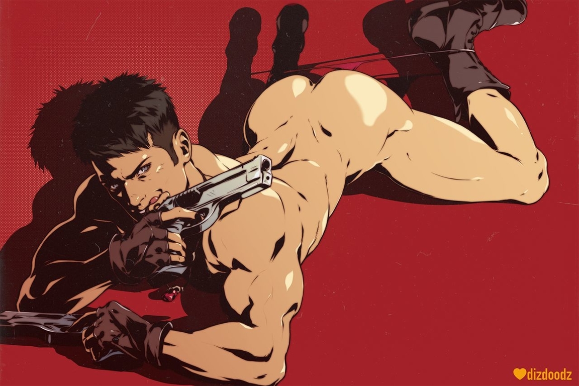 1boy, arched back, ass, blue eyes, boots, brown hair, bubble ass, bubble butt, capcom, dante (dmc: devil may cry), dark hair, devil may cry (series), dizdoodz, dmc: devil may cry, gloves, gun, licking lips, light skin, looking at viewer, male, male only, muscular, naughty face, on front, presenting hindquarters, red background, smirk, solo, suggestive, thong, yaoi