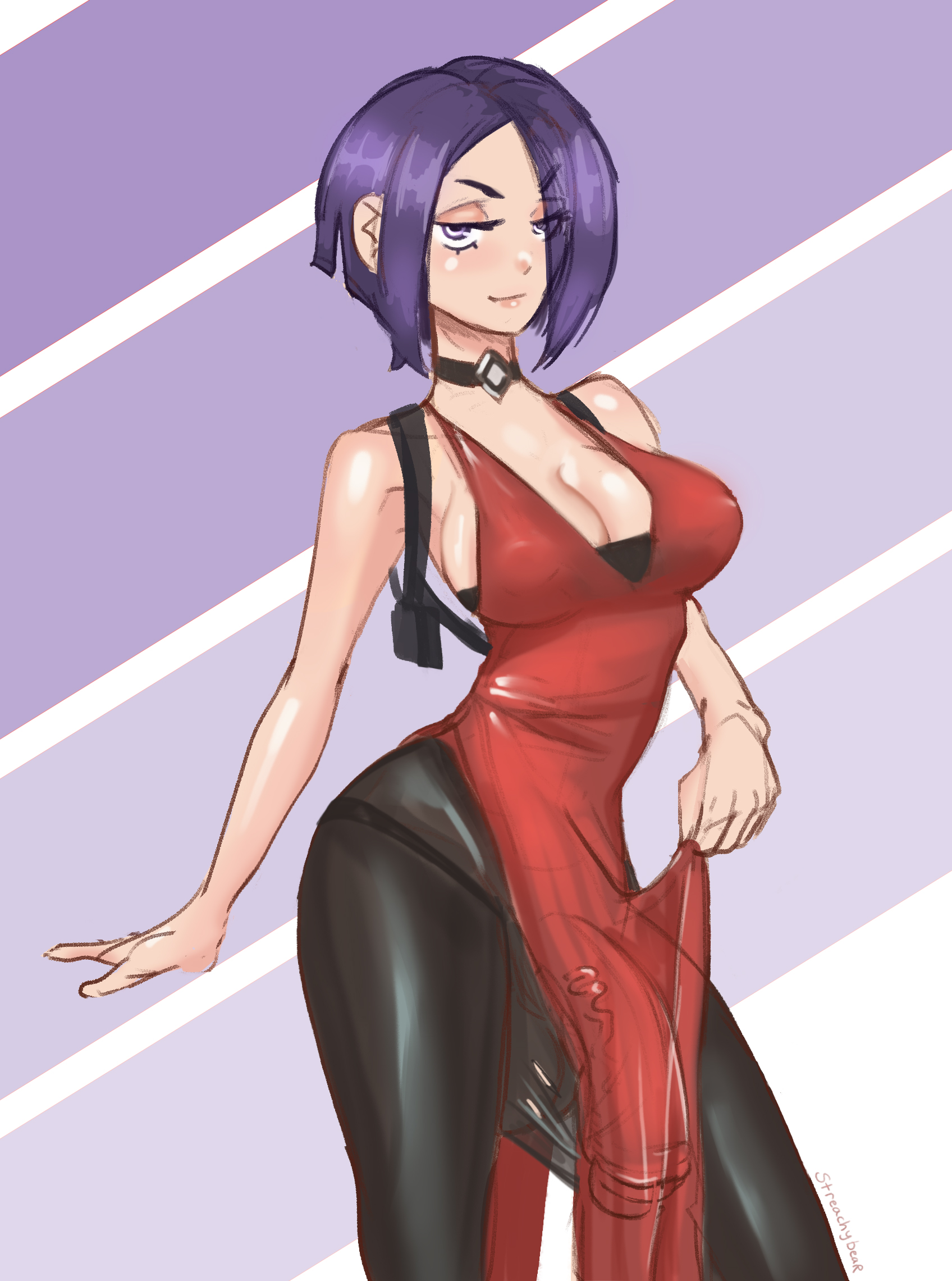 1futa, ada wong, asian, balls, bulge, capcom, choker, cleavage, dress, female, flaccid, futa only, futanari, huge penis, intersex, large balls, large testicles, looking at viewer, penis, penis under clothes, purple hair, resident evil, solo, solo futa, streachybear, testicles, tight clothing, veiny penis