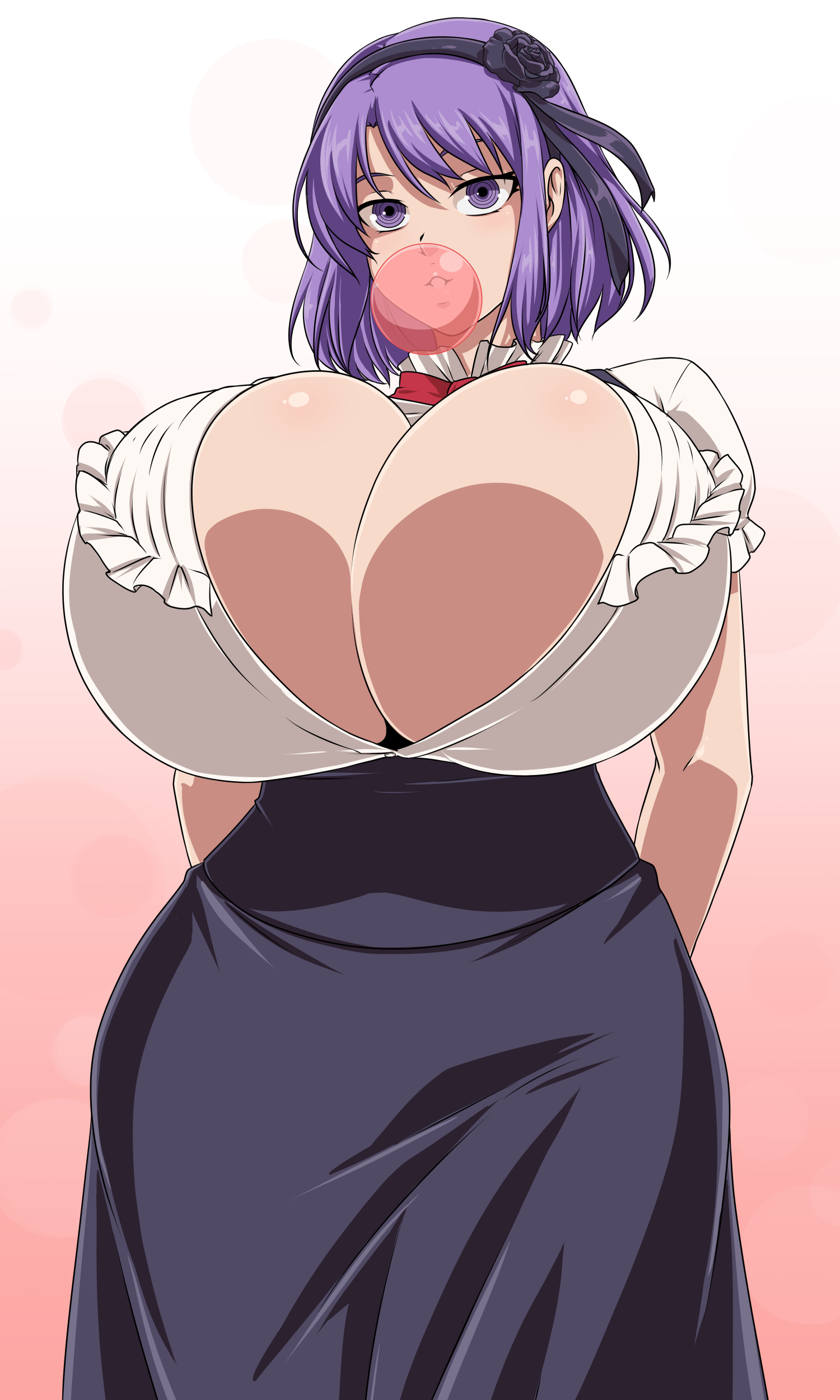 @ @, big breasts, black skirt, breast expansion, breast growth, breast growth (enlargement), breast inflation, breast suppress, breasts, bubble gum, bubblegum, bursting breasts, busty, cleavage, curvy, dagashi kashi, ears, female, female only, full cleavage, gradient background, hair band, hourglass figure, huge breasts, hyper breasts, long skirt, looking at viewer, matching hair/eyes, medium hair, open shirt, paizuri invitation, pencil skirt, pink background, purple eyes, purple hair, ringed eyes, shidare hotaru, skindentation, skirt, solo, zdemian
