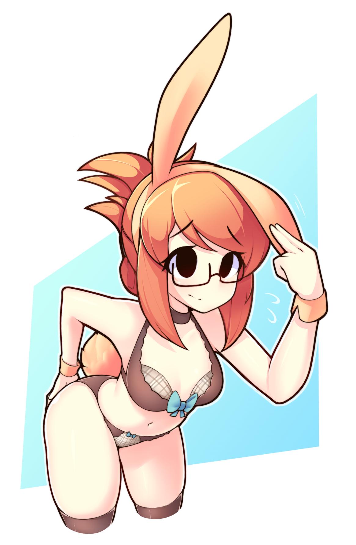 bent over, bra, brown hair, collar, fake animal ears, fake tail, female, fizintine, glasses, hips, lingerie, luna (fizintine), original, panties, rabbit ears, rabbit tail, stockings, thighs