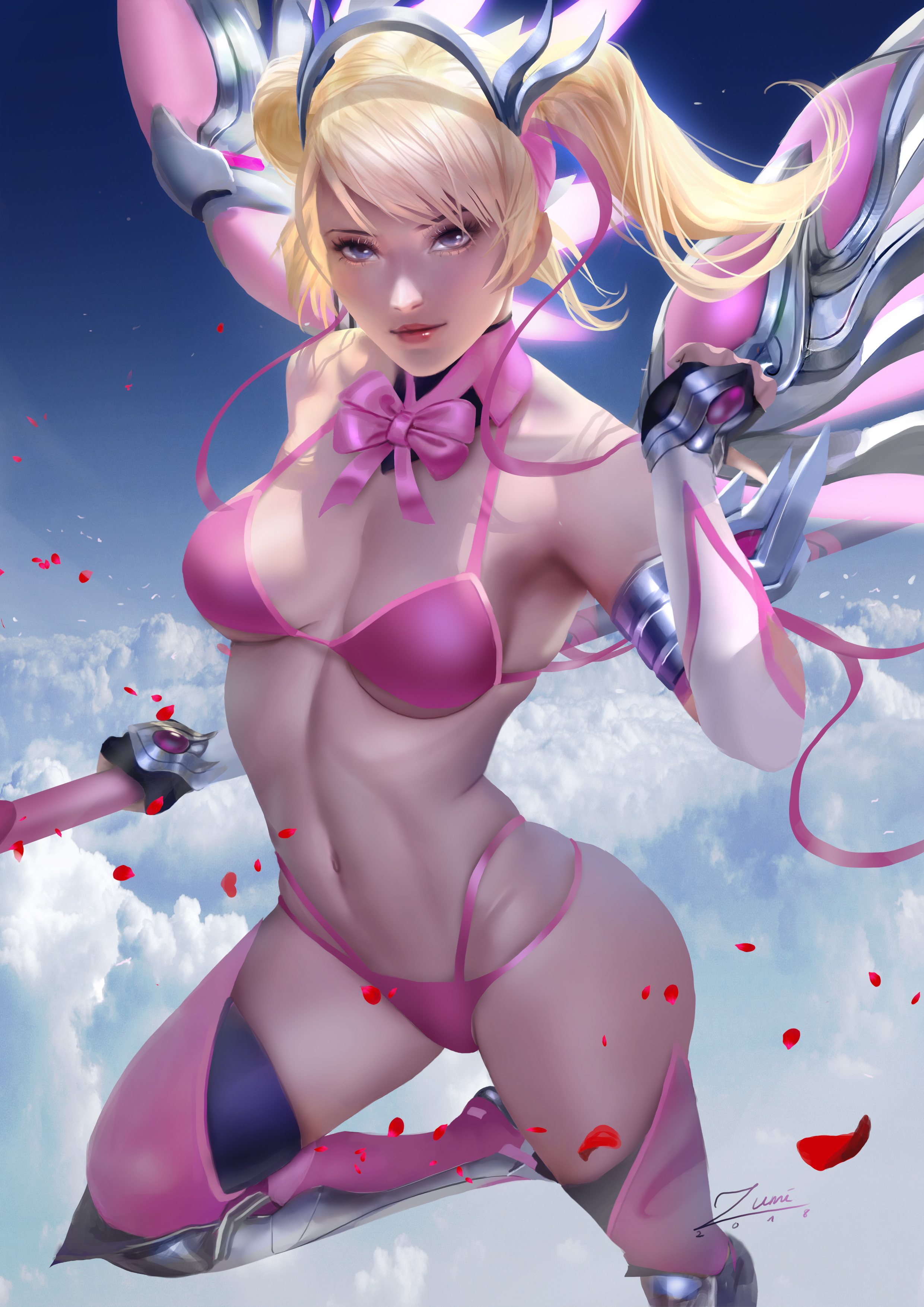 1girls, alternate costume, armpit, bikini, blonde hair, female, female only, looking at viewer, mercy, overwatch, pink bikini, pink mercy, solo, swimsuit, wings, zumi