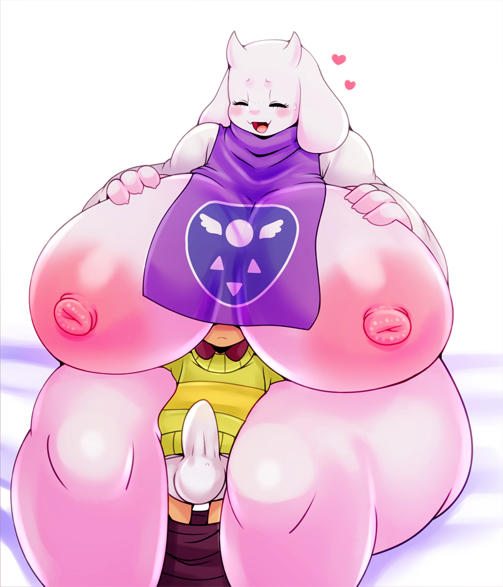 1boy, age difference, alternate breast size, anthro, ass, balls, bed, big ass, big balls, big breasts, big butt, big penis, boss monster, breasts, brown hair, deltarune, female, goat, green shirt, huge breasts, human, hyper, hyper ass, hyper breasts, hyper butt, kris (deltarune), larger female, male, male human/female anthro, male human/female monster, matospectoru, monster, penis, purple dress, red eyes, short hair, size difference, smaller male, thick thighs, toriel, undertale, white background, white fur, yellow skin