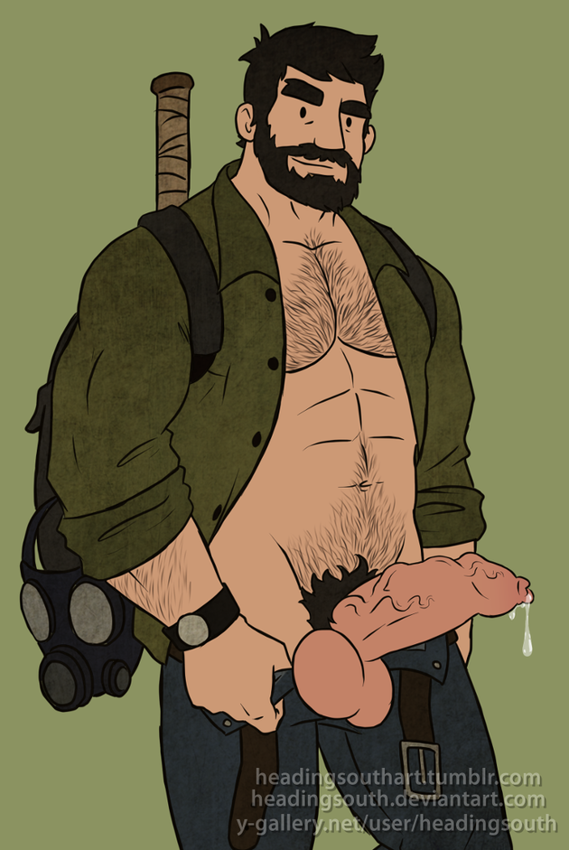 abs, backpack, balls, bara, baseball bat, beard, big balls, big penis, body hair, brown hair, chest hair, clothed, cute, dark hair, erection, facial hair, foreskin, gas mask, hairy, hairy arms, headingsouth, joel miller, light skin, looking at viewer, male, male only, muscles, muscular, naughty dog, naughty face, pecs, penis, precum, pubic hair, smile, smirk, solo, suggestive, the last of us, thick eyebrows, treasure trail, uncircumcised, veiny penis, yaoi