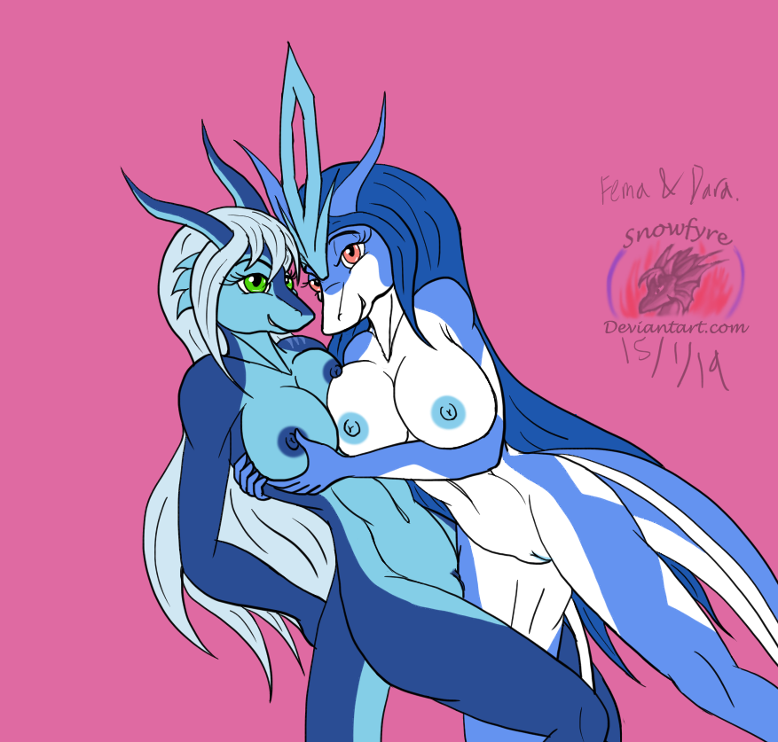 2019 alternate_color anthro big_breasts blue_hair blue_skin breast_squish breasts crossover dara_firespring digimon digimon_(species) duo femacendramon female flamedramon green_eyes hair horn legendary_pokemon long_hair looking_at_viewer nintendo nipples nude original_character pokémon_(species) pokemon pokemon_(species) pokemon_gsc red_eyes scalie smile snowfyre suicune video_games white_hair yuri