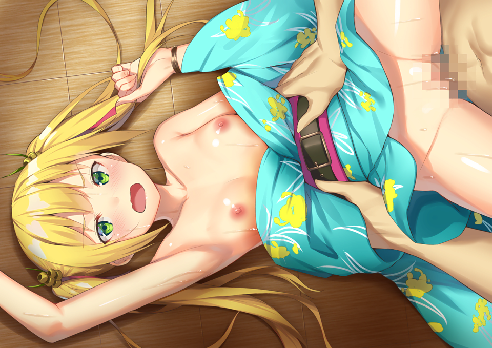 1boy :o alexmaster armpits belt blonde_hair blue_kimono blush breasts censored clothed_female_nude_male clothed_sex female fennel_(flower_knight_girl) floral_print flower_knight_girl game_cg green_eyes hair_ornament japanese_clothes kimono long_hair lying medium_breasts missionary mosaic_censoring nipples nude official_art on_back open_mouth penis print_kimono sex shiny shiny_skin spread_legs straight sweat torso_grab twintails vaginal_penetration