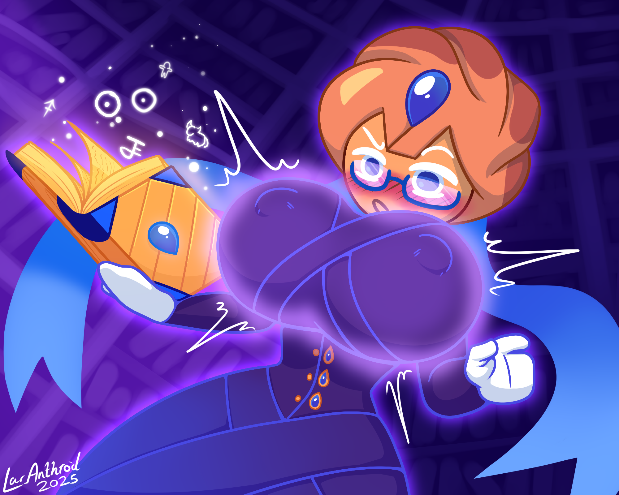 1girls, 2025, artist name, artist signature, blueberry pie cookie, blush, book, breast expansion, breasts, clothed, cookie run, cookie run kingdom, cookie run ovenbreak, detailed background, female only, flustered, glasses, holding book, large breasts, latiar, magic, nipple bulge, ribbons