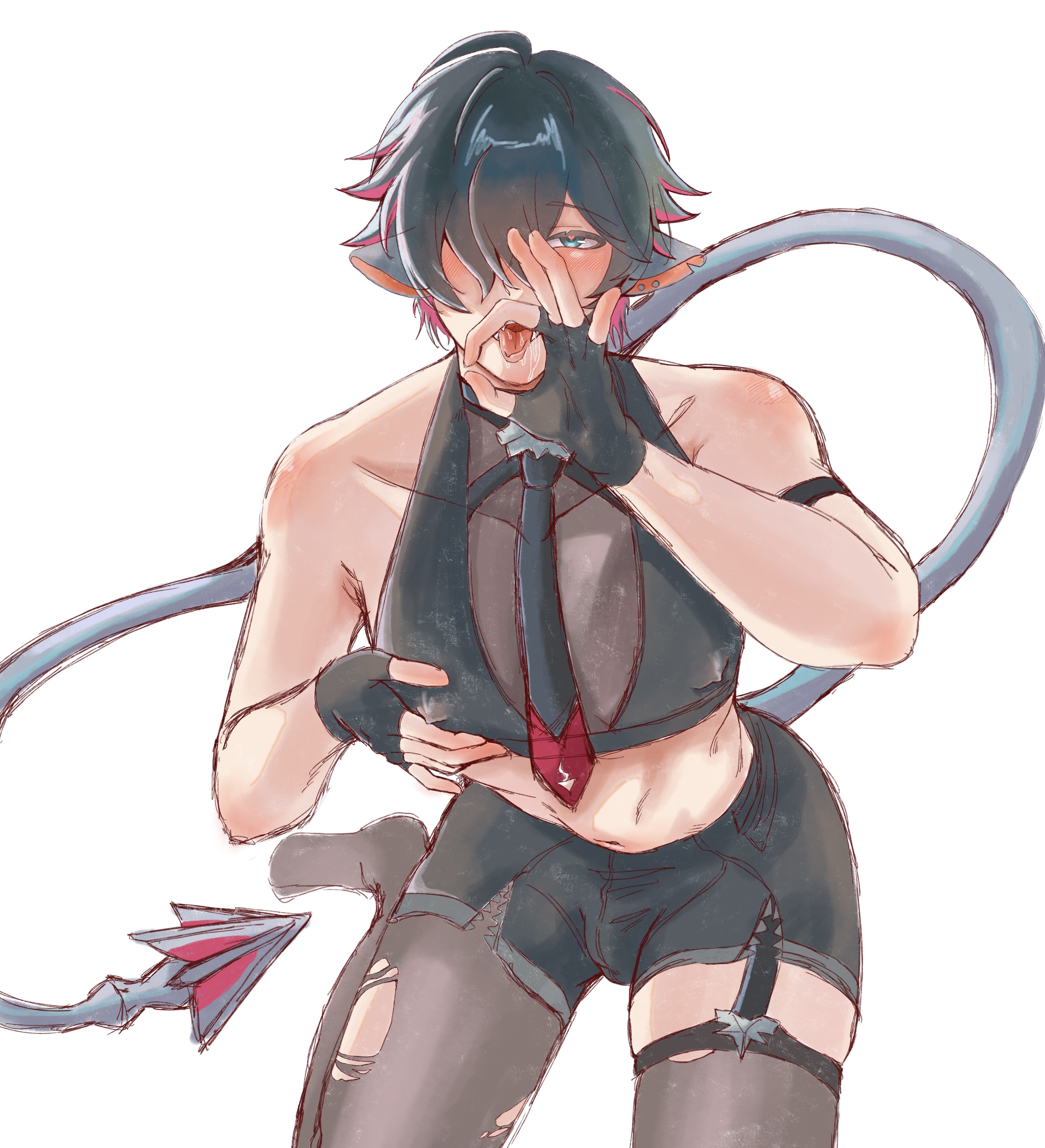 1girl, blowjob gesture, bulge, fellatio gesture, femboy, genderswap, genderswap (ftm), hoyoverse, jane doe (zenless zone zero), john doe (zenless zone zero) (scopeophilia), light skin, light-skinned male, male, male only, mihoyo, nipple bulge, rat boy, rule 63, seductive mouth, shuayod, tail, thiren, trap, twink, zenless zone zero