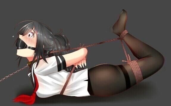 black hair, blush, bondage, collar, female, femsub, gag, hogtie, honky rider, leash, pantyhose, rope, schoolgirl