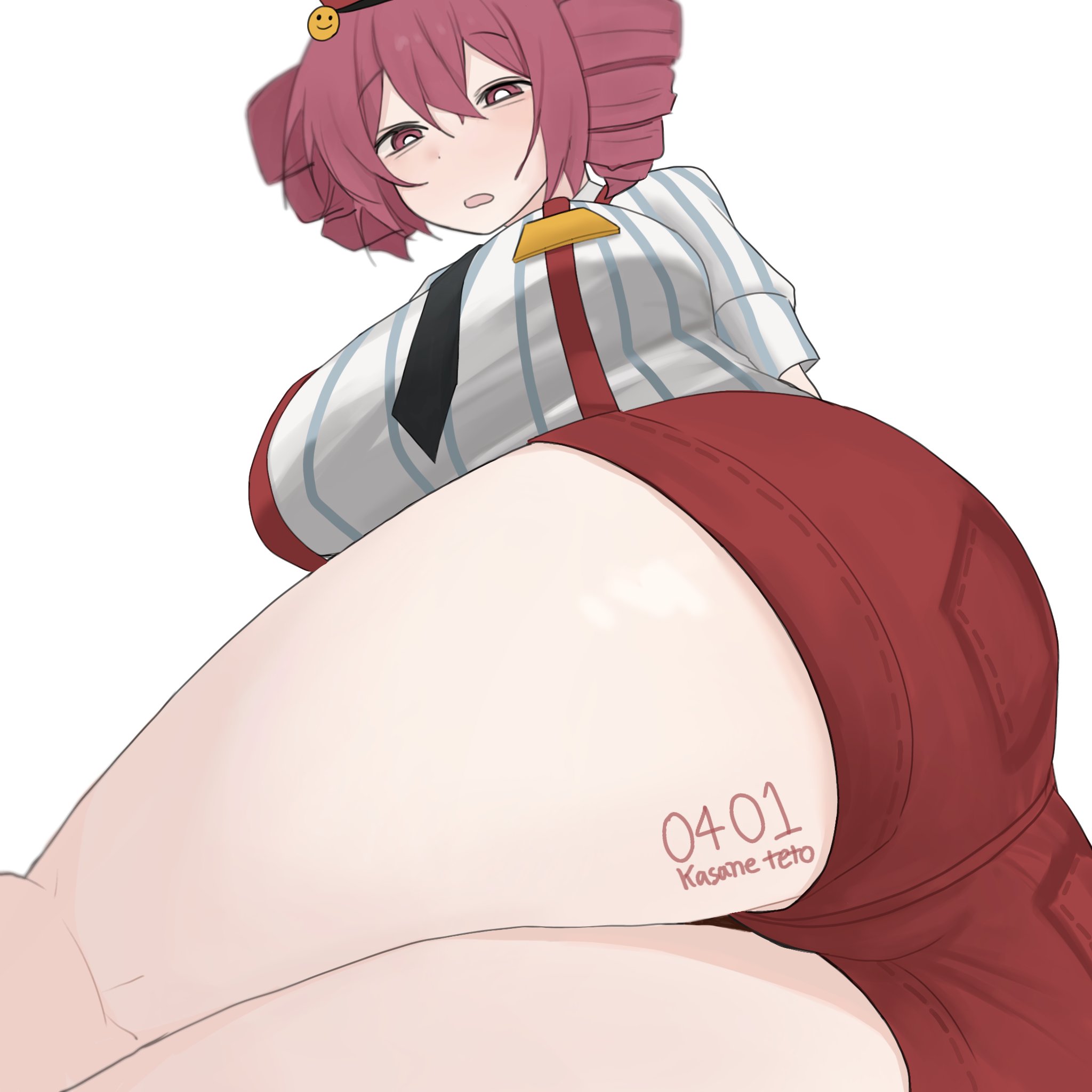 1girls, 2d, 2d (artwork), alternate clothing, ass, big ass, big breasts, big thighs, blouse, breasts, cameltoe, ccitrus0, clothed, clothed female, clothing, curvaceous, curvy, curvy female, curvy figure, fat ass, fat breasts, fat thighs, female, female only, fully clothed, half-closed eyes, hat, hips wider than shoulders, huge ass, huge breasts, huge thighs, kasane teto, kasane teto (sv), large ass, large breasts, large thighs, legs together, looking at viewer, mesmerizer (vocaloid), mesmerizer teto, mv character, necktie, nude alt, nude version available, open mouth, plump, plump ass, plump breasts, plump thighs, presenting, presenting ass, presenting pussy, pussy, pussy bulge, red eyes, red hair, shiny skin, shiny thighs, shirt, short shorts, shorts, simple background, soft thighs, solo, solo female, striped shirt, synthesizer v, tattoo, tattoo on legs, tattoo on thigh, thick thighs, thighs, twin drills, utau, vagina, voluptuous, voluptuous female, white background, wide hips