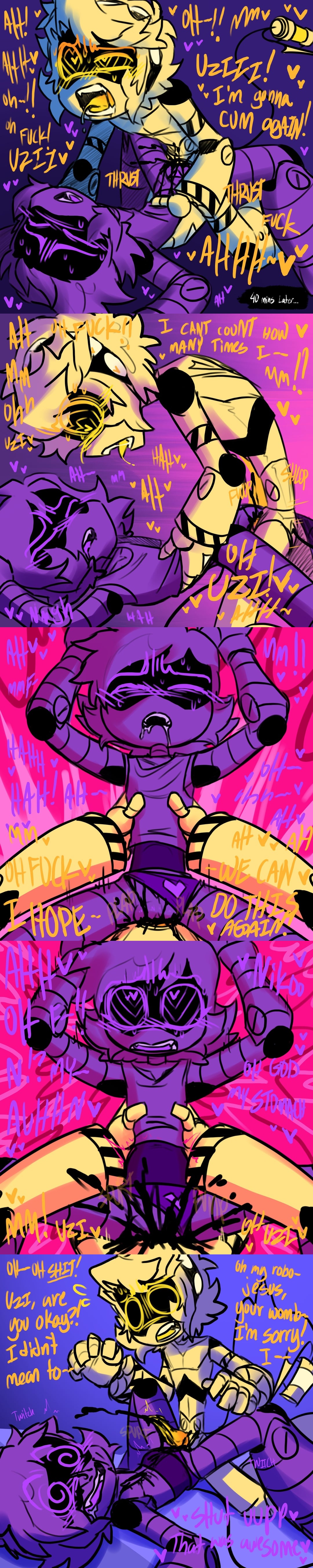 1boy, 1girls, ahe gao, black cum, candyasbestos, cum, cum in pussy, cum inside, ejaculation, fangs, female, glitch productions, heart-shaped pupils, male, male/female, murder drones, n (murder drones), niko (murder drones panic au), on back, open mouth, panic au (murder drones), panties, panties aside, print panties, purple panties, pussy, robot, robot boy, robot girl, robot humanoid, sex, tagme, uzi (murder drones), vaginal penetration