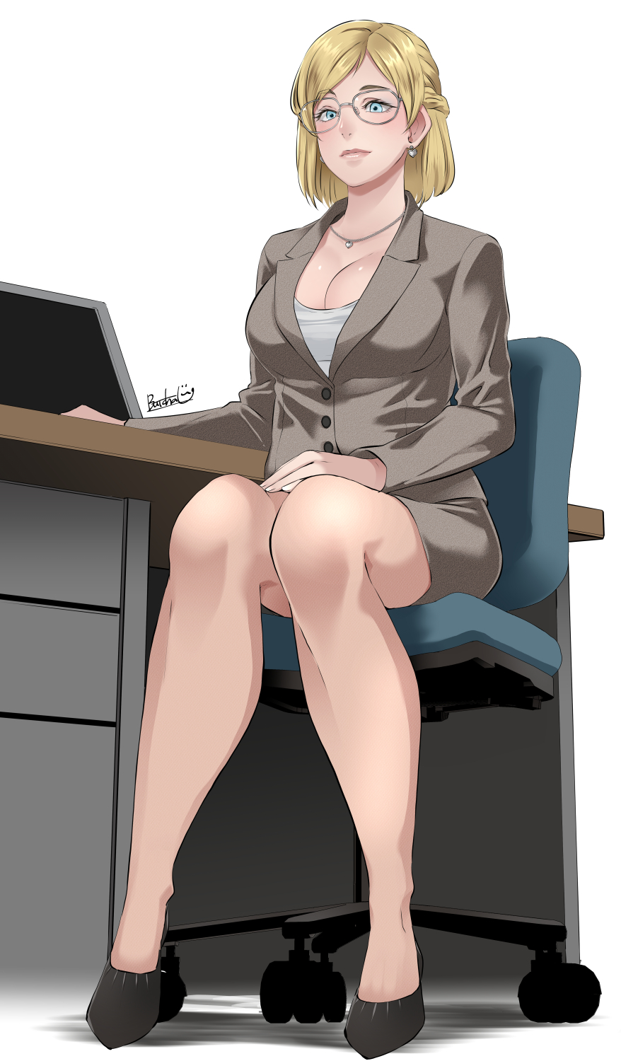 1girls, 2d, artist name, beautiful woman, black footwear, blonde hair, blouse, blue eyes, blush, braid, breasts, business suit, business woman, butcha-u, capcom, chair, cleavage, clothing, computer, dead rising, dead rising (series), desk, dress shirt, earrings, eroquis, eyewear, female, female only, footwear, formal, full body, glasses, green eyes, high heels, jacket, jessica mccarney, jewelry, laptop, large breasts, lips, looking at viewer, mature female, mature woman, miniskirt, mole, necklace, office, office chair, office lady, on chair, pantyhose, pencil skirt, round eyewear, see-through legwear, shirt, shoes, short hair, simple background, sitting, skirt, skirt suit, solo, solo female, suit, swivel chair, thighs, white background, white blouse, white shirt