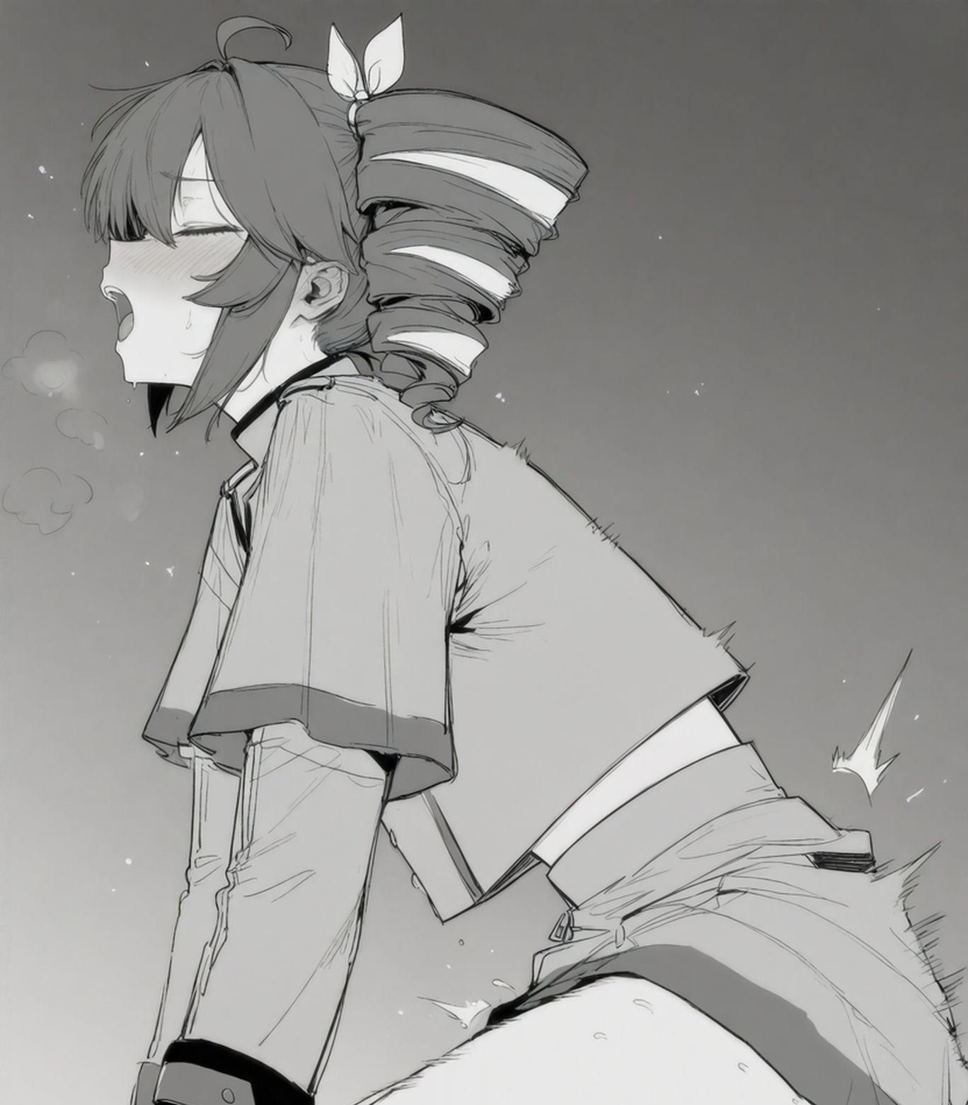 1boy, 1girls, 2d, 2d (artwork), ahoge, artist request, belly, black and white, blush, blush lines, blushing, blushing female, blushing profusely, closed eyes, cowgirl position, crop top, cropped jacket, ecstasy, exposed belly, exposed midriff, female, female on top, grey background, greyscale, hair ornament, hairbow, hetero, implied cowgirl position, implied penetration, implied sex, kasane teto, kasane teto (sv), looking pleasured, male, miniskirt, moan, moaning, moaning female, moaning in pleasure, motion lines, offscreen character, offscreen male, petite, petite body, petite female, sidelocks, simple background, skinny, skinny female, skirt, slim girl, slim waist, steam, steamy breath, straight, sweat, sweatdrop, sweating, synthesizer v, thick thighs, thighs, tremble spikes, trembling, twin drills, utau