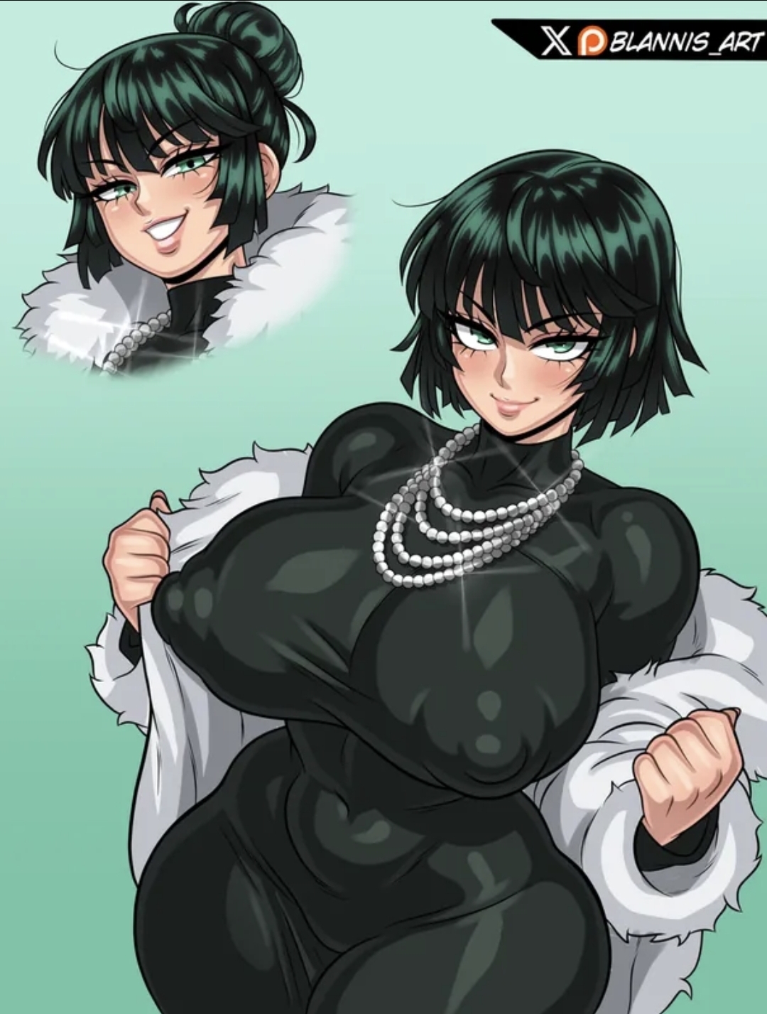 alternate hairstyle, big breasts, blannis art, fubuki (one-punch man), green eye, green hair, hourglass figure, huge breasts, necklace, one-punch man, patreon logo, patreon username, wide hips