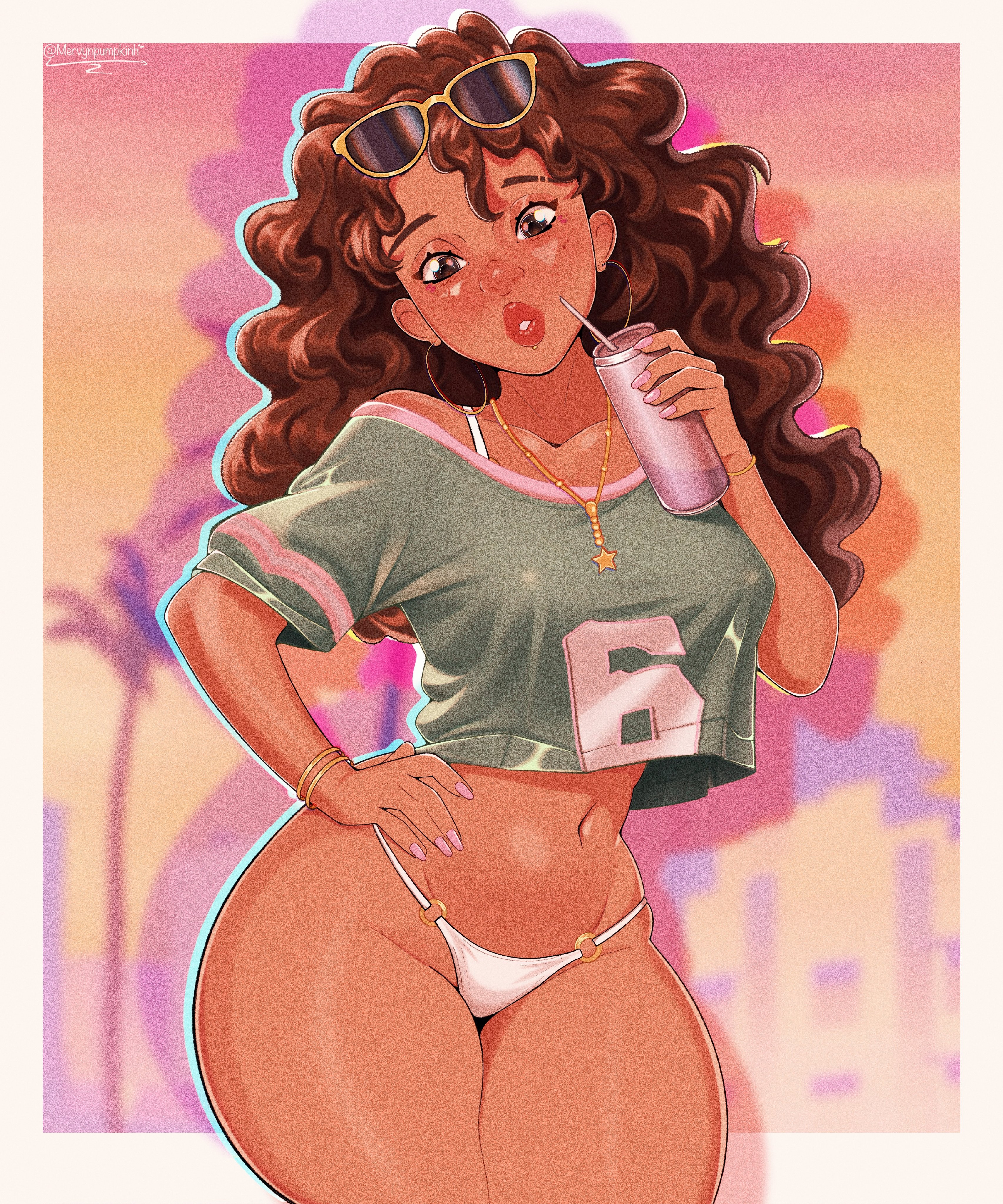 1girls, afrolatina, bikini, border, brown hair, brown skin, clothing, curly hair, curvaceous, curvaceous female, curvaceous figure, curvy, curvy figure, curvy hips, dark skin, dark-skinned female, female, female focus, female only, grand theft auto, grand theft auto vi, gta vi cover girl, human, long hair, mervynpumpkinh, outside border, solo, tan body, tan skin, white border