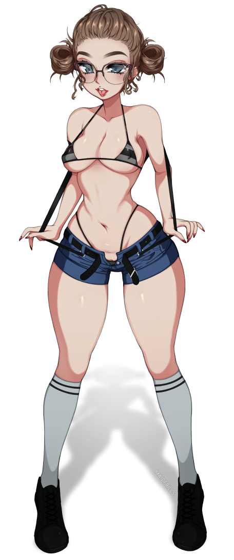 1girls female female_only glass glasses glasses_on_head hair lipstick maidfrills micro_bikini micro_bikini_top mouth_open nipples_visible_through_clothing shoes shorts socks solo tagme tan_hair teenager thick_thighs thighs tongue unbuttoned