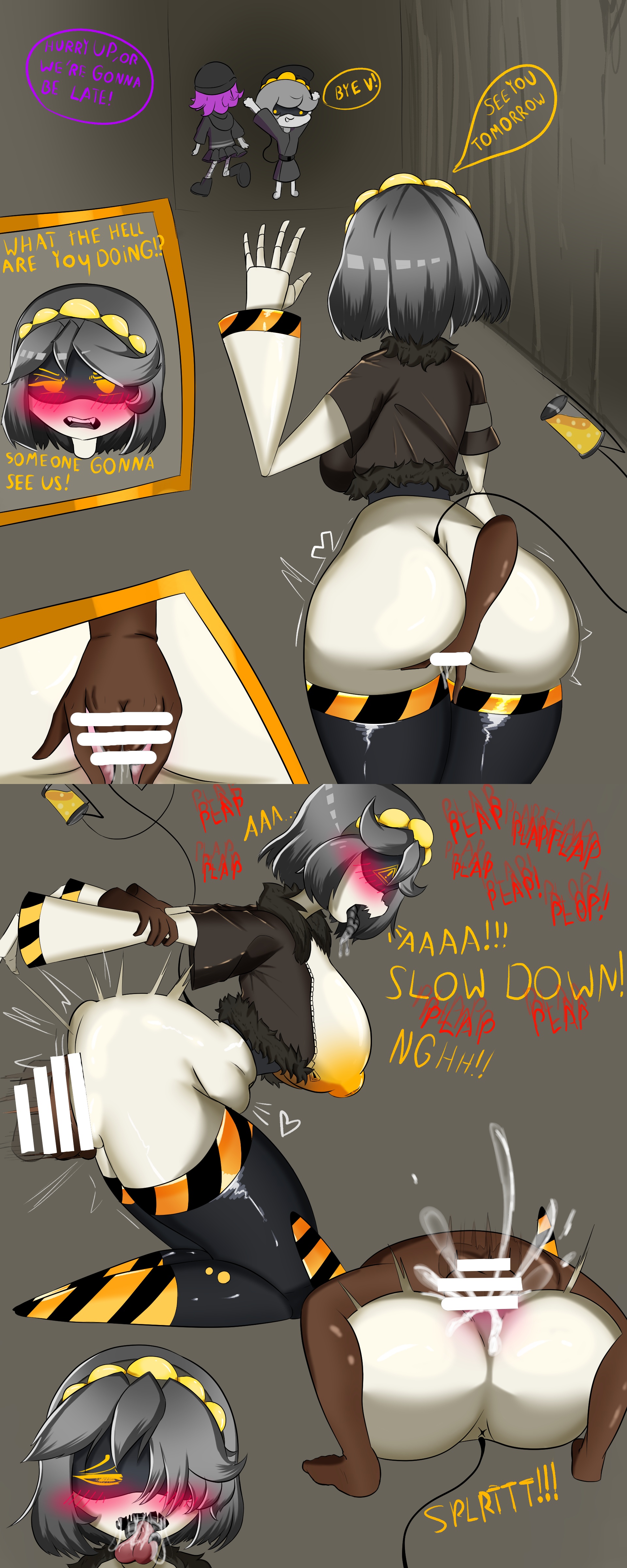 1girls, 2d, big ass, black body, blush, bulge, comic, comic page, cum, cum in pussy, cum inside, dark-skinned male, disassembly drone, domination, female, fuck you, fucked from behind, glitch productions, human, jacket, jacket open, large ass, male/female, murder drones, murder drones x humans, n (murder drones), pekkomi, pulling arms, robot, robot girl, robot humanoid, secret sex, tongue, tongue kiss, tongue out, uzi (murder drones), v (murder drones), white hair, yellow eyes