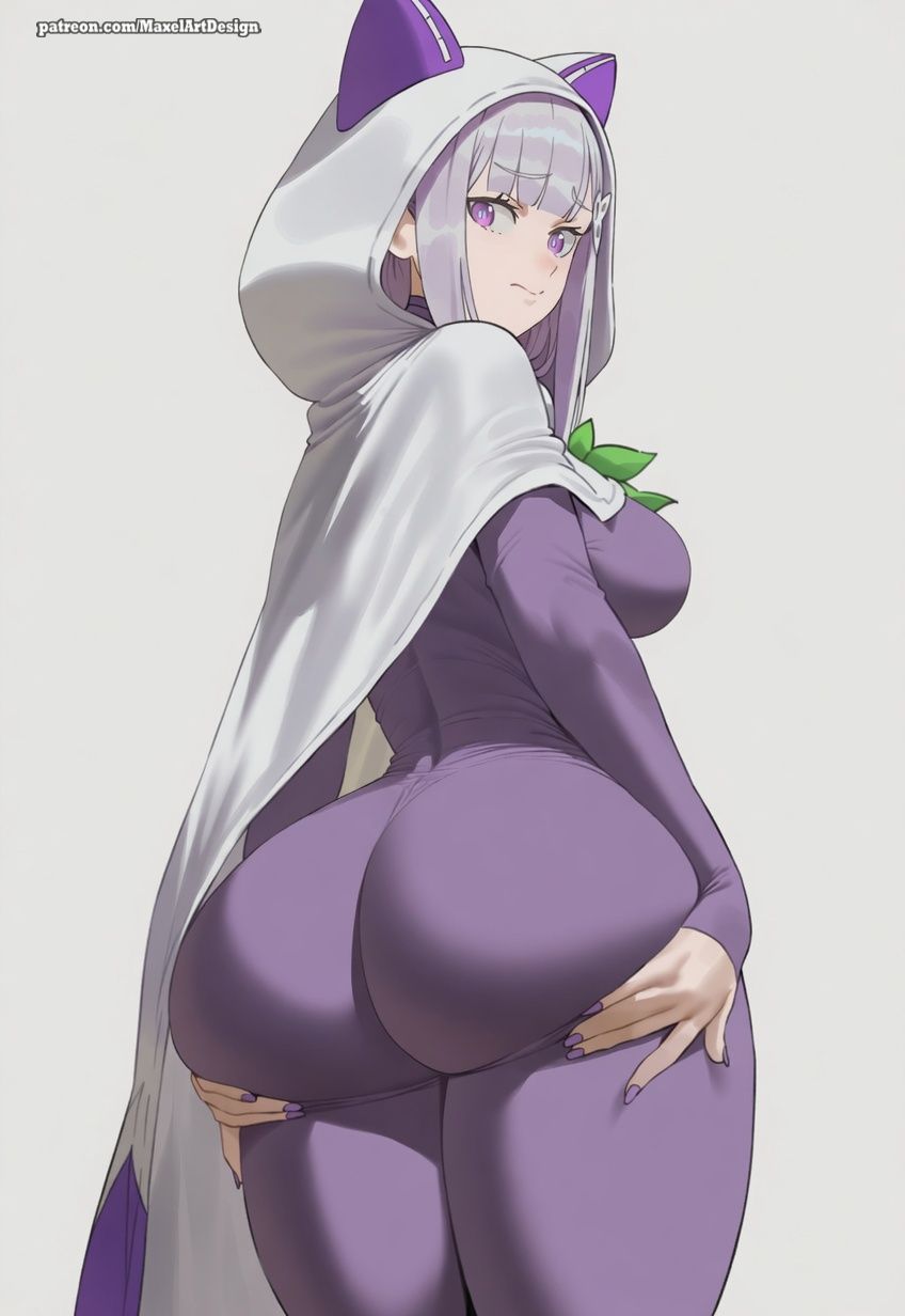 1girls, ai generated, ass, back view, bodysuit, butt, cape, cat ears, cowboy shot, curvy, elf female, emilia (re:zero), female, female only, fringe, hand on ass, hi res, hood, huge ass, light skin, looking at viewer, looking back, maxelartdesign, painted nails, purple eyes, re:zero kara hajimeru isekai seikatsu, rear view, sideboob, simple background, solo, spread ass, standing, thighs, white cape, white hair