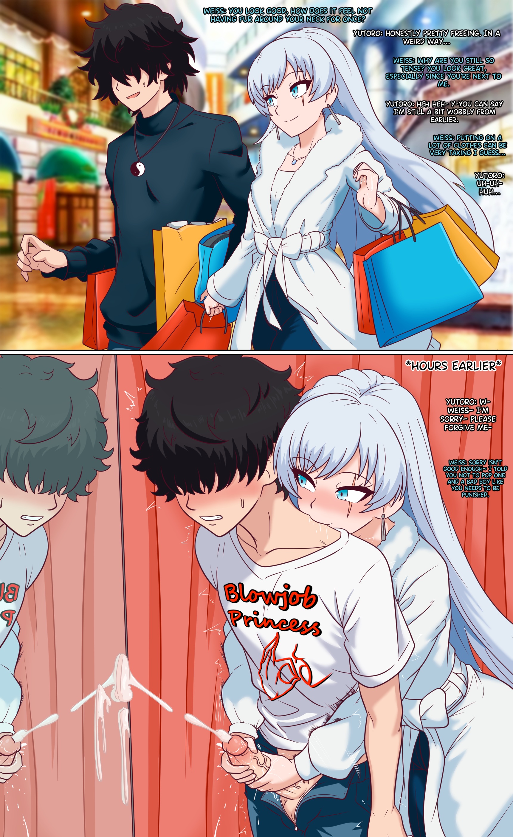 1boy, 1boy1girl, 1girls, 2koma, anime one night stands, bangs over eyes, bisexual male, biting shoulder, black hair, blue eyes, blush, carrying bag, changing room, comic, cum on mirror, dialogue, dywtba-alt-universe, femdom, gentle femdom, hair over eyes, handjob, jacket, malesub, open pants, original character, punishment, punishment sex, reach around, rwby, scar, shopping, shopping bags, shopping mall, t-shirt, weiss schnee, white hair