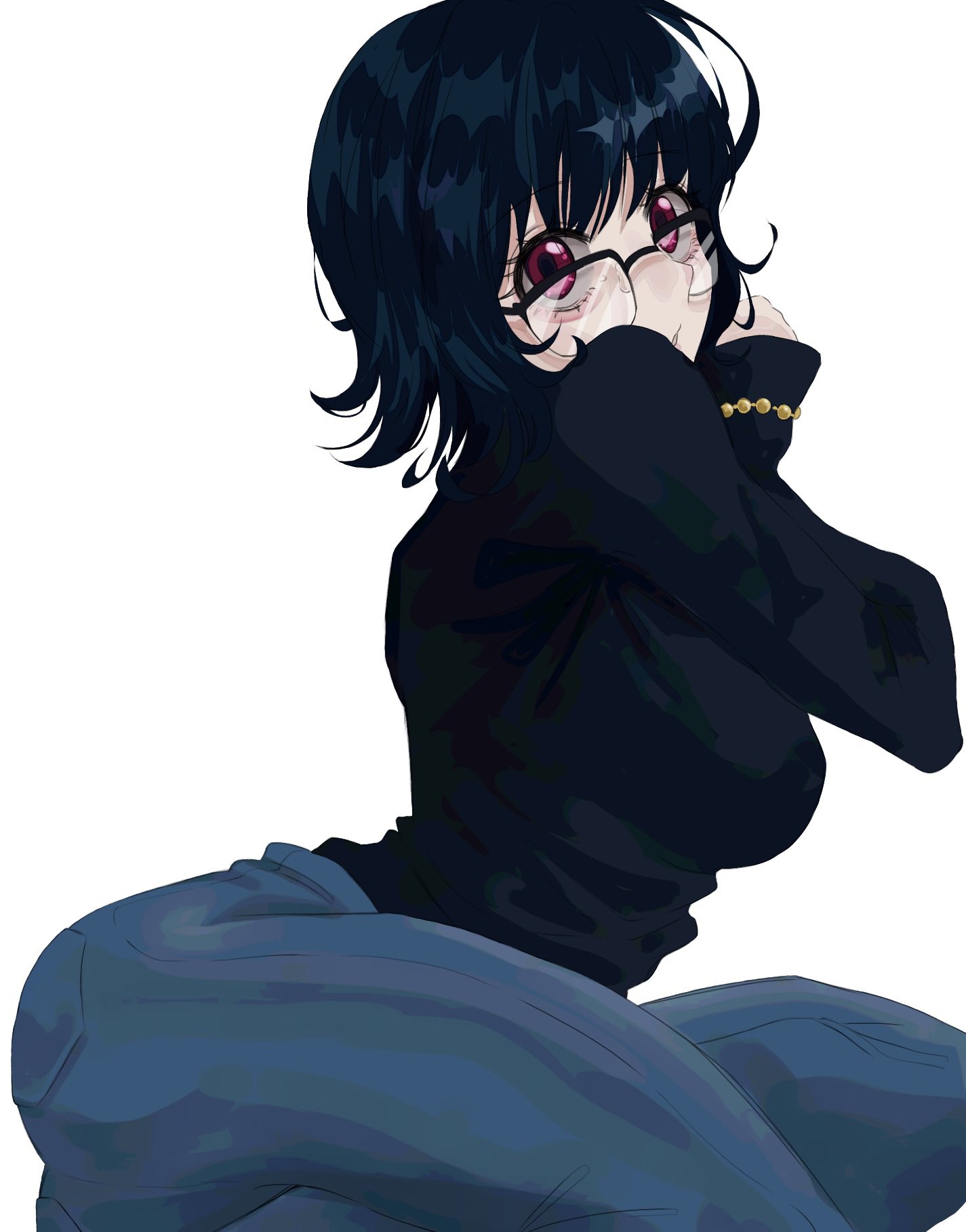 black hair, dat ass, glasses, hunter x hunter, pinup, red eyes, shizuku murasaki, shonen jump, simple background, solo, solo female, solo focus, thick thighs