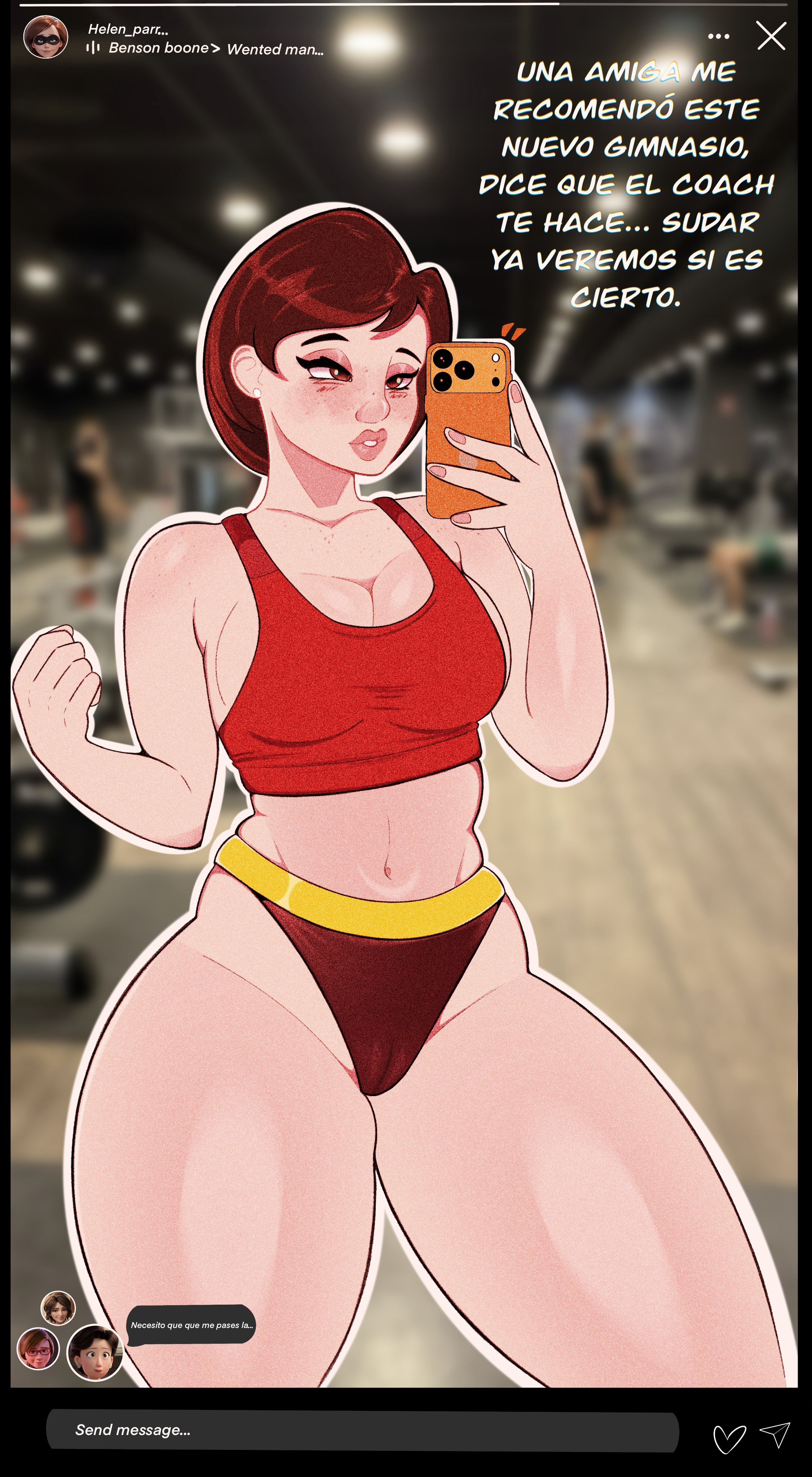 big ass, big butt, big thighs, big tits, big titties, breasts, brown hair, cleavage, clothing, curvaceous, curvaceous female, curvaceous figure, curvy, curvy figure, curvy hips, disney, elastigirl, female, female focus, female only, gym, gym clothing, helen parr, iphone, light skin, light-skinned female, mervynpumpkinh, milf, navel, pixar, short hair, text, the incredibles, thighs