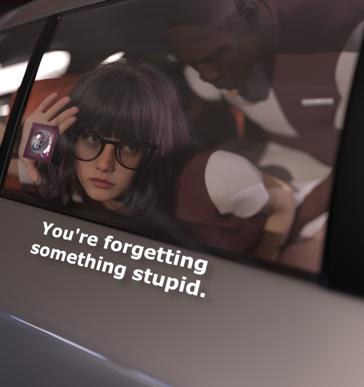 3d, bangs, car, car sex, cheating, dark-skinned male, doggy style, doggystyle, english text, glasses, hdr ntrgirl, hdregrets, interracial, netorare, sex, text