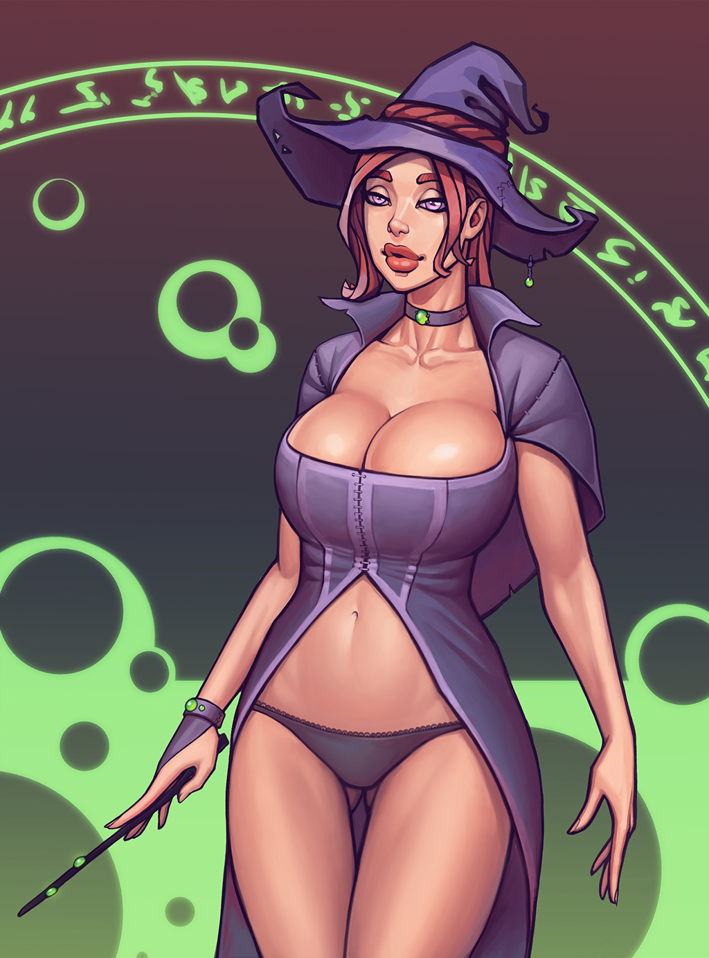 1girls big_breasts boobsgames breasts choker cleavage collar female female_only gem human human_only large_breasts light-skinned_female light_skin lips looking_at_viewer melissa_(warlock_and_boobs) panties plump_lips runes solo wand warlock_and_boobs witch witch_hat