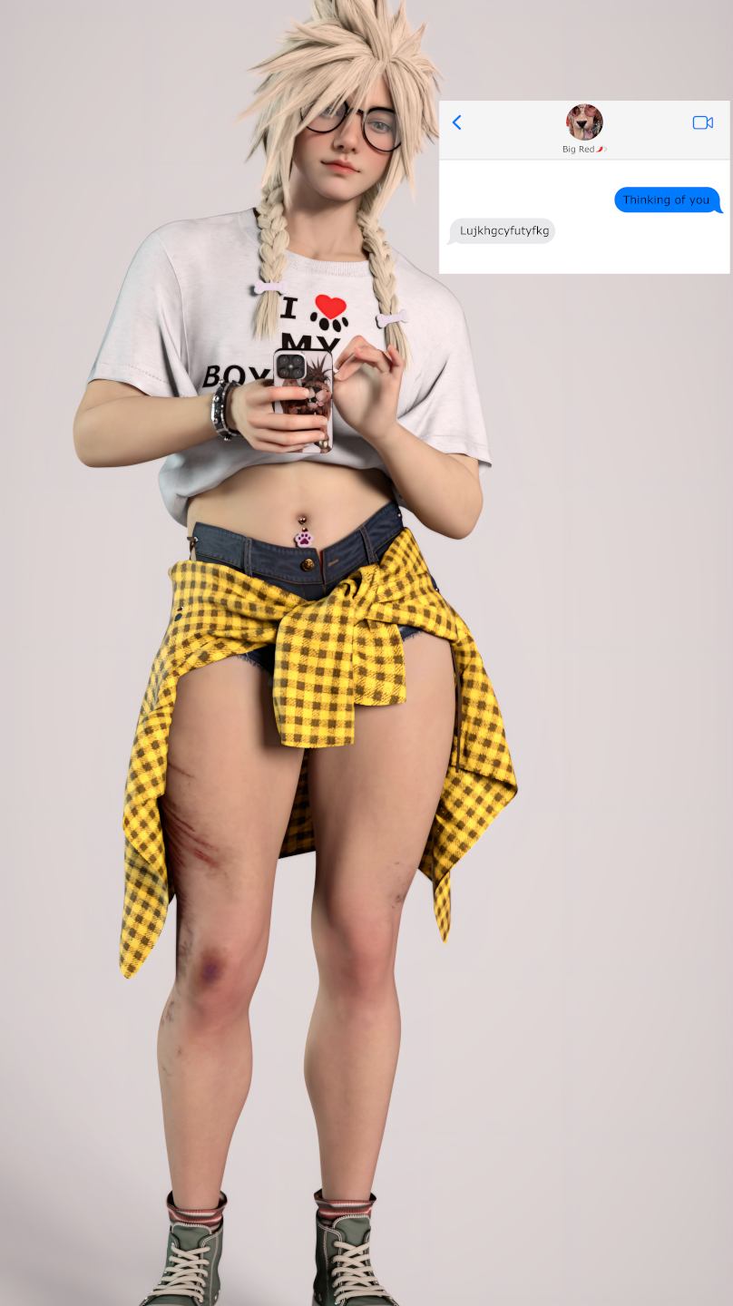 3d, belly button, belly button piercing, braid, braided hair, cloud strife, converse, daisy dukes, femboy, final fantasy, final fantasy vii, final fantasy vii remake, gay, hdregrets, hotpants, jean shorts, pigtails, short shorts, shorts, sneakers, text, texting, twink, yaoi, zoophilia