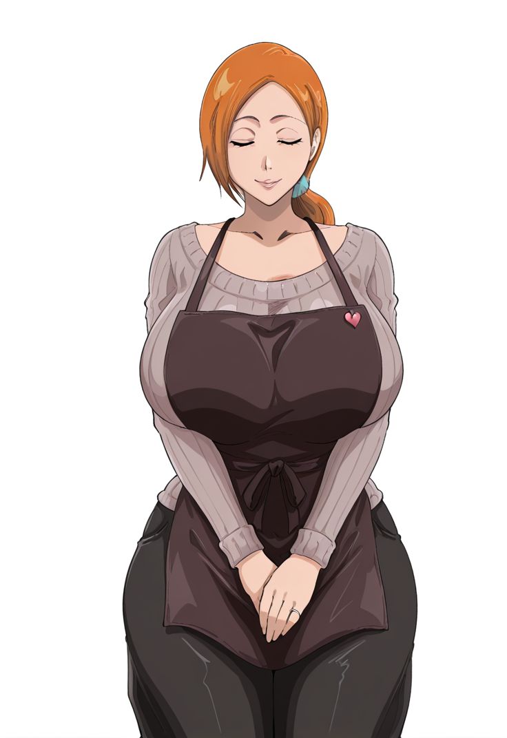 1girls, ai generated, apron, big breasts, big thighs, bleach, bleach: the thousand-year blood war, closed eyes, closed mouth, curvy, curvy body, curvy female, curvy figure, curvy hips, curvy thighs, female, female only, huge breasts, inoue orihime, kyoru189, large breasts, light skin, light-skinned female, long hair, married, married female, married woman, mature female, milf, mommy, orange hair, pants, seductive, seductive pose, seductive smile, shiny, shiny skin, smile, solo, solo female, standing, sweater, wedding ring