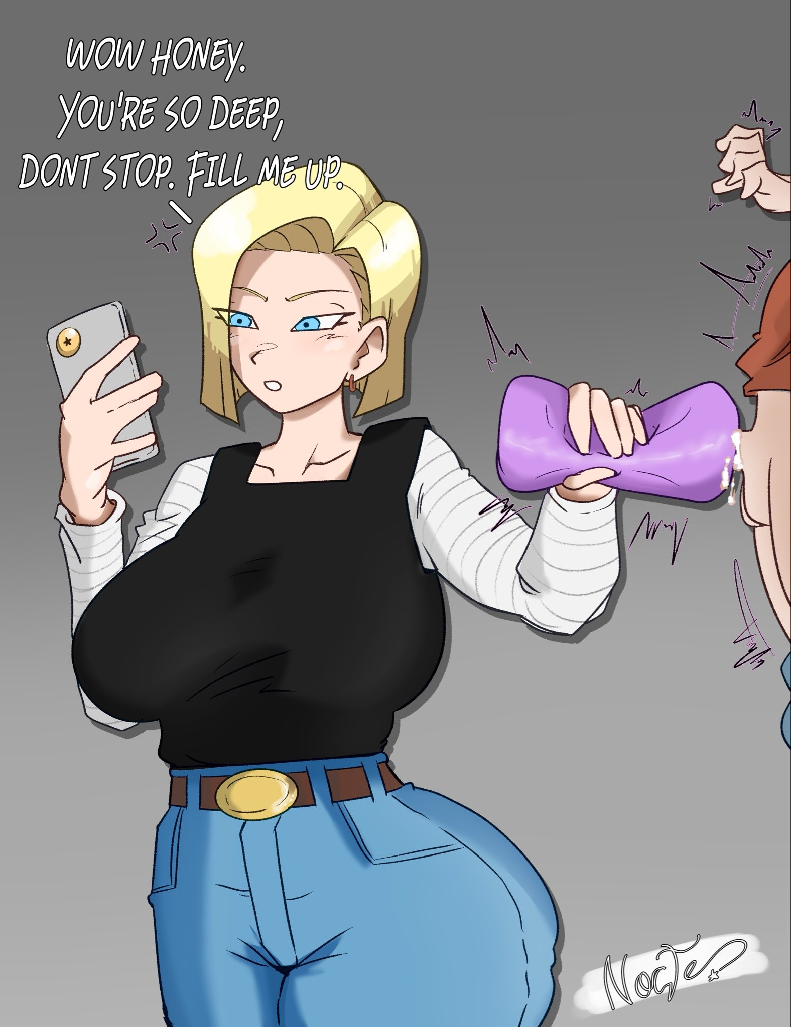 android 18, artist request, big ass, big breasts, blonde hair, blonde hair female, blue eyes, bubble butt, cheating, dragon ball, dragon ball z, fat ass, femdom, hourglass figure, hourglass figured female, huge ass, huge breasts, ignoring, implied cheating, implied netorare, implied ntr, krillin, kuririn, large ass, large breasts, netorare, ntr, phone, phone in hand, round ass, sex toy, sex toy in penis, small penis, thick thighs, thighs, unbothered